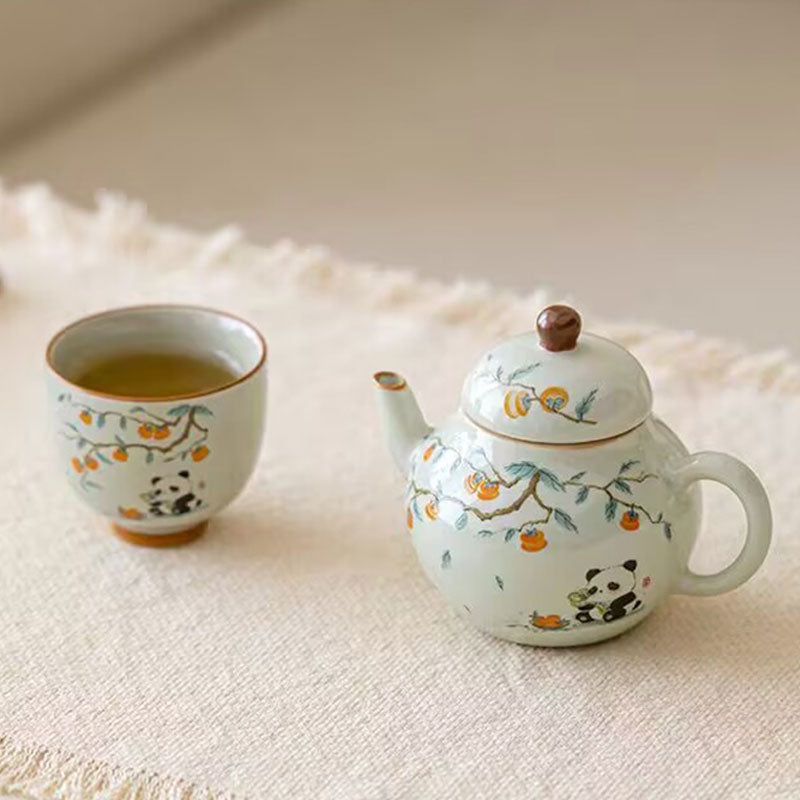 Chinese Hand-painted Persimmon Panda Ceramic Teapot 150ml-3