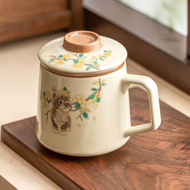 Ru Ware Cute Cat Ceramic Tea Mug with Infuser & Lid 349ml