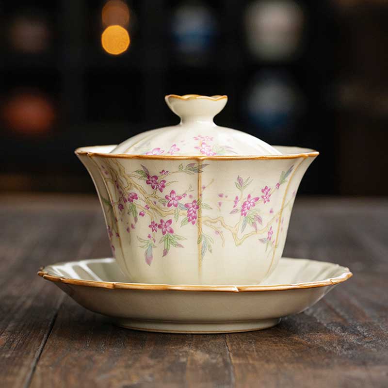 Beige Ru Kiln Plum Blossom Ceramic Gaiwan-1