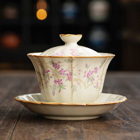 Beige Ru Kiln Plum Blossom Ceramic Gaiwan-1