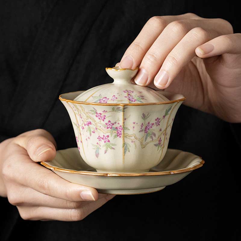 Beige Ru Kiln Plum Blossom Ceramic Gaiwan-3