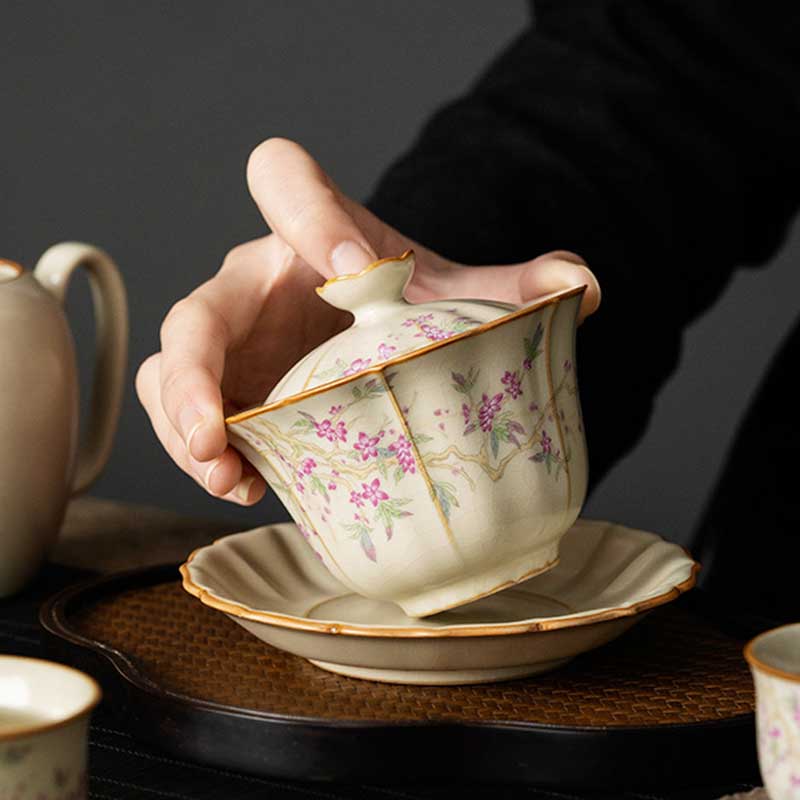 Beige Ru Kiln Plum Blossom Ceramic Gaiwan-4