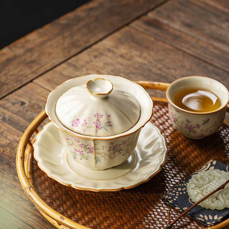 Beige Ru Kiln Plum Blossom Ceramic Gaiwan-5