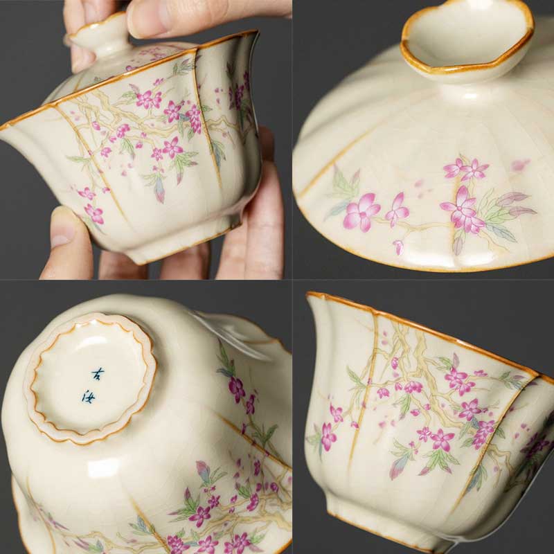 Beige Ru Kiln Plum Blossom Ceramic Gaiwan-6