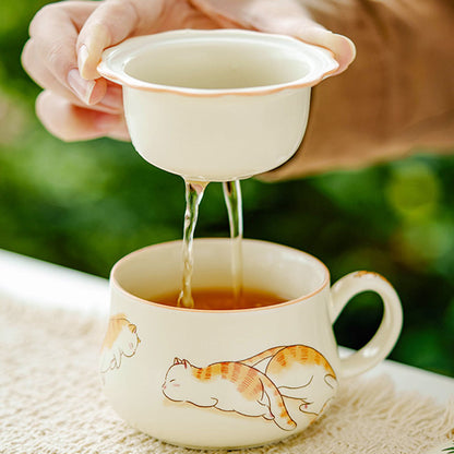 Chinese Cute Beckoning Cat Ceramic Tea Cup Mug with Infuser and Lid 135ml-1