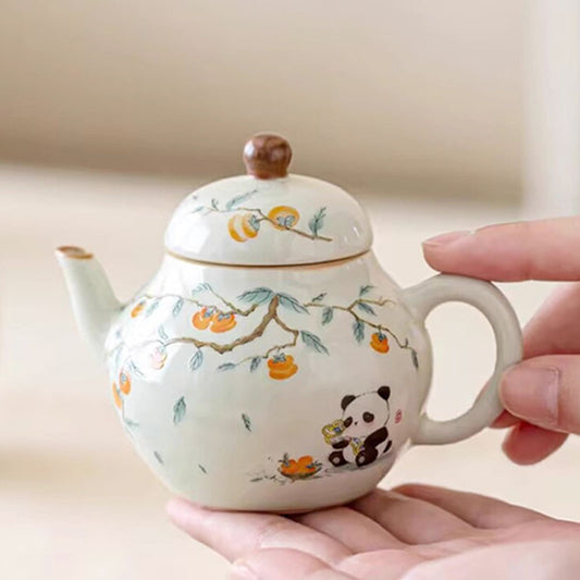 Chinese Hand-painted Persimmon Panda Ceramic Teapot 150ml-1