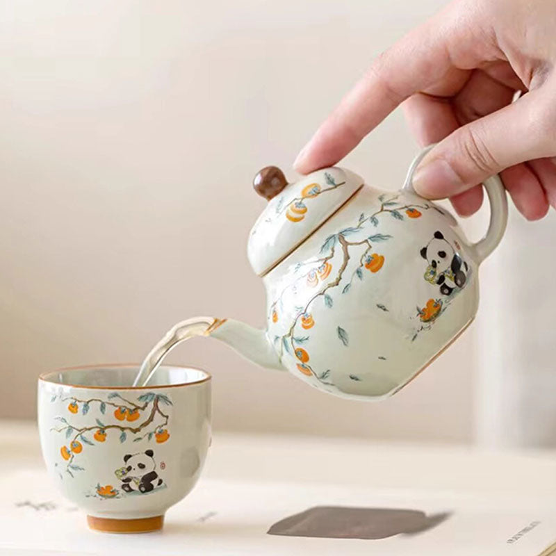 Chinese Hand-painted Persimmon Panda Ceramic Teapot 150ml-2