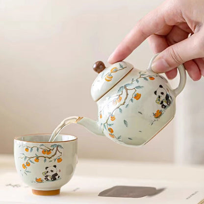 Chinese Hand-painted Persimmon Panda Ceramic Teapot 150ml-2
