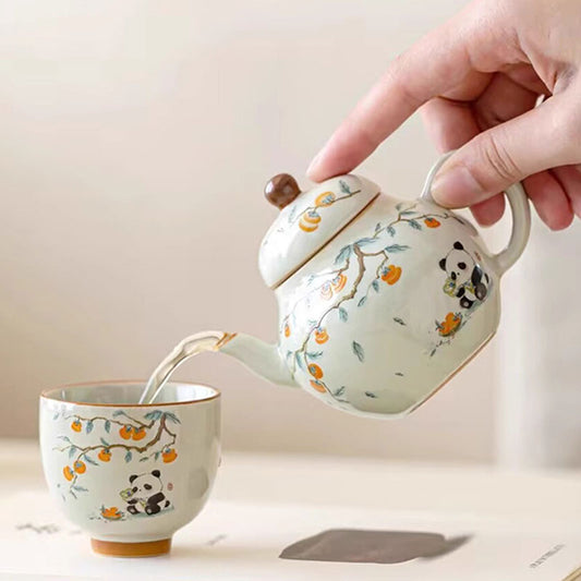 Chinese Hand-painted Persimmon Panda Ceramic Teapot 150ml-2