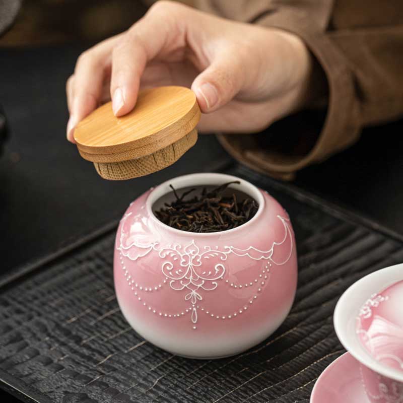 Chinese Ceramic Airtight Tea Canister with Gradient Pink Relief Decoration