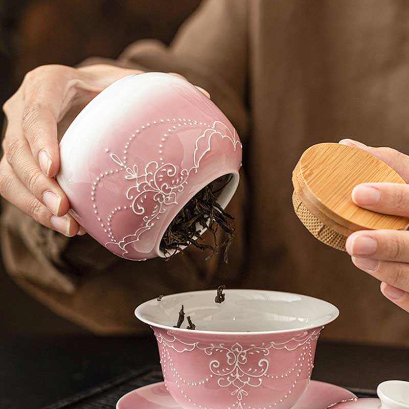 Chinese Ceramic Airtight Tea Canister with Gradient Pink Relief Decoration-2