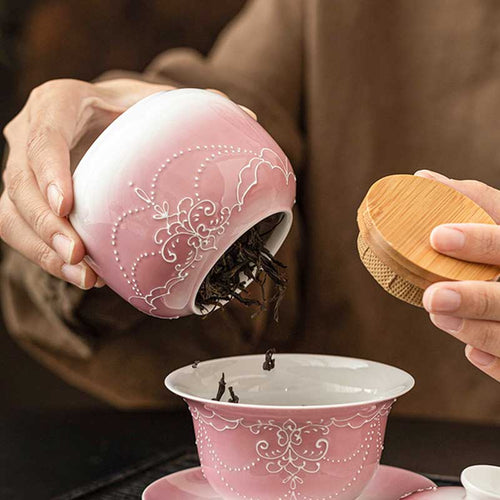 Chinese Ceramic Airtight Tea Canister with Gradient Pink Relief Decoration-2