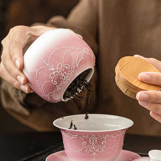 Chinese Ceramic Airtight Tea Canister with Gradient Pink Relief Decoration-2