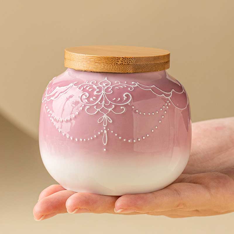 Chinese Ceramic Airtight Tea Canister with Gradient Pink Relief Decoration-4