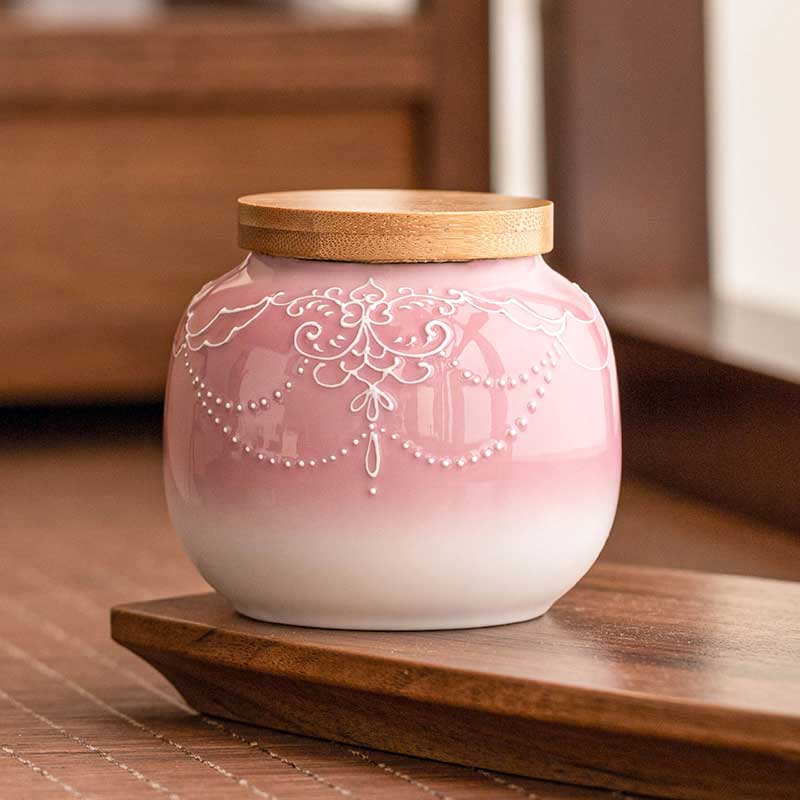 Chinese Ceramic Airtight Tea Canister with Gradient Pink Relief Decoration-5