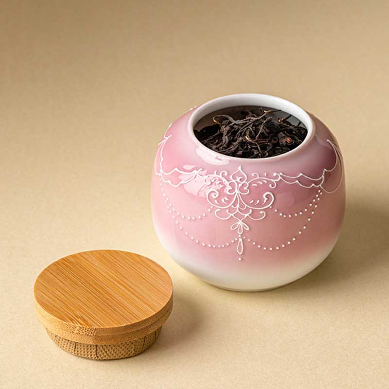 Chinese Ceramic Airtight Tea Canister with Gradient Pink Relief Decoration-3