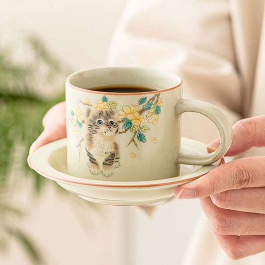 Cute Cat Ru Kiln Coffee Mug and Saucer Set 150ml-2