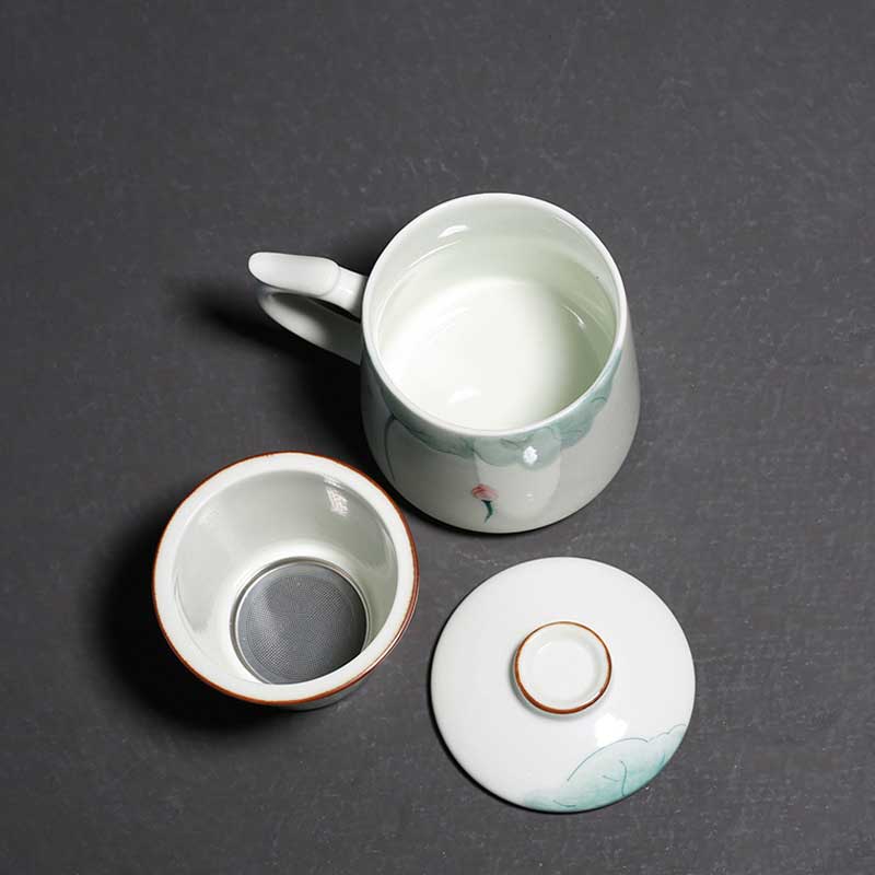 Chinese Hand Painted Lotus Ceramic Tea Cup Mug with Strainer and Lid-4