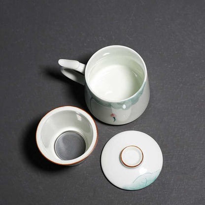 Chinese Hand Painted Lotus Ceramic Tea Cup Mug with Strainer and Lid-4