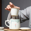 Chinese Hand Painted Lotus Ceramic Tea Cup Mug with Strainer and Lid