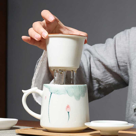 Chinese Hand Painted Lotus Ceramic Tea Cup Mug with Strainer and Lid