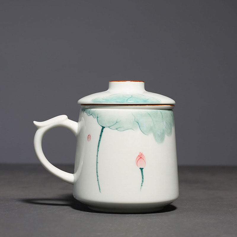 Chinese Hand Painted Lotus Ceramic Tea Cup Mug with Strainer and Lid-3