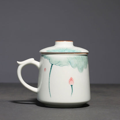 Chinese Hand Painted Lotus Ceramic Tea Cup Mug with Strainer and Lid-3
