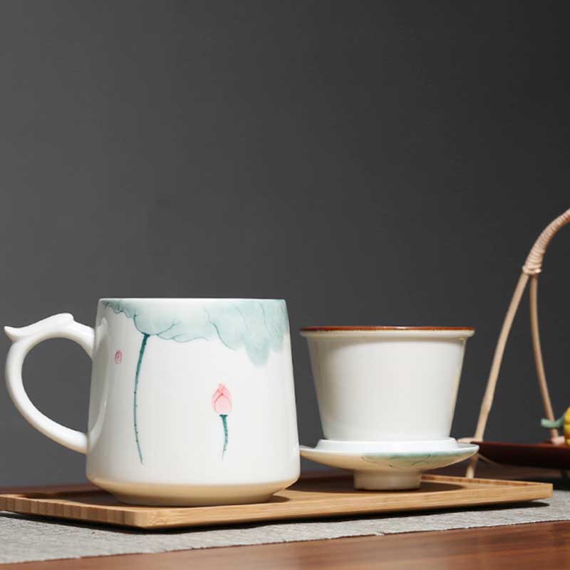 Hand Painted Lotus Ceramic Tea Cup Mug with Tea Strainer-5