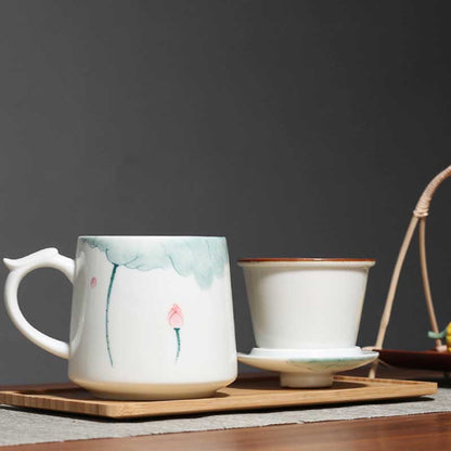 Chinese Hand Painted Lotus Ceramic Tea Cup Mug with Strainer and Lid-5