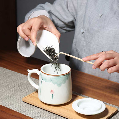 Chinese Hand Painted Lotus Ceramic Tea Cup Mug with Strainer and Lid-2