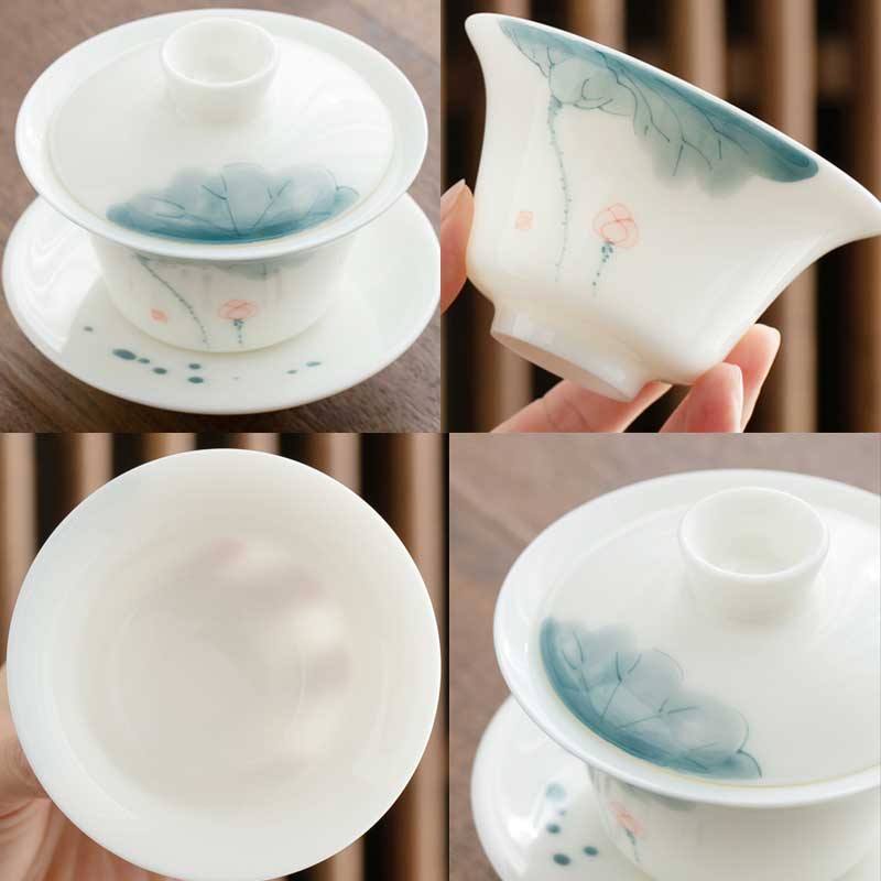 Hand-painted White Porcelain Lotus Gaiwan-5