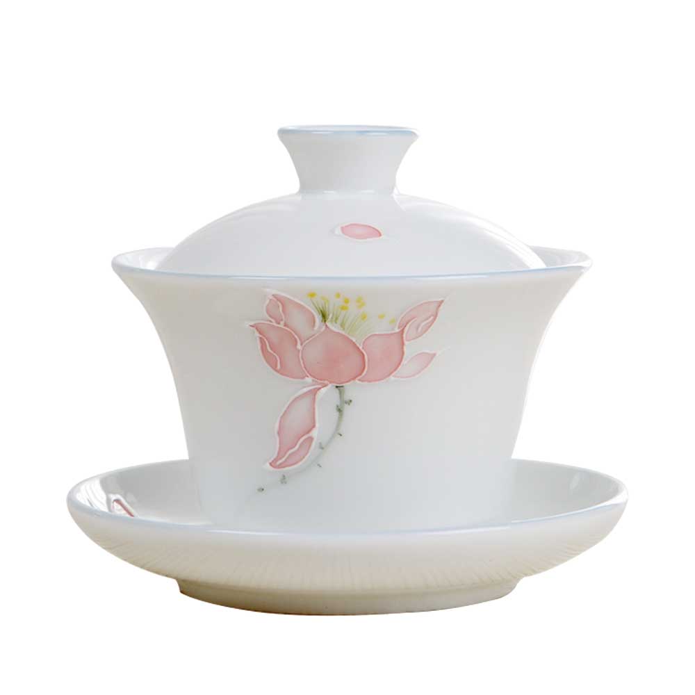 Handmade Dehua Embossment Ceramic Gaiwan-7
