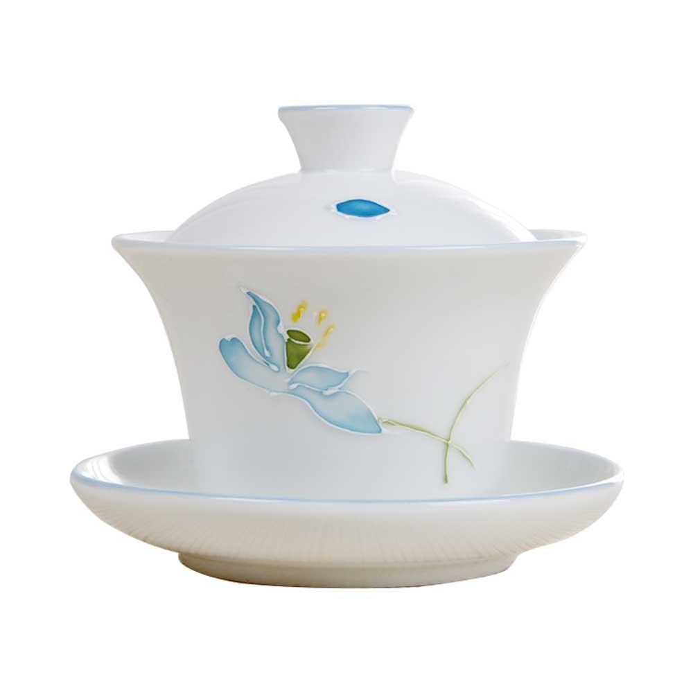 Handmade Dehua Embossment Ceramic Gaiwan-8