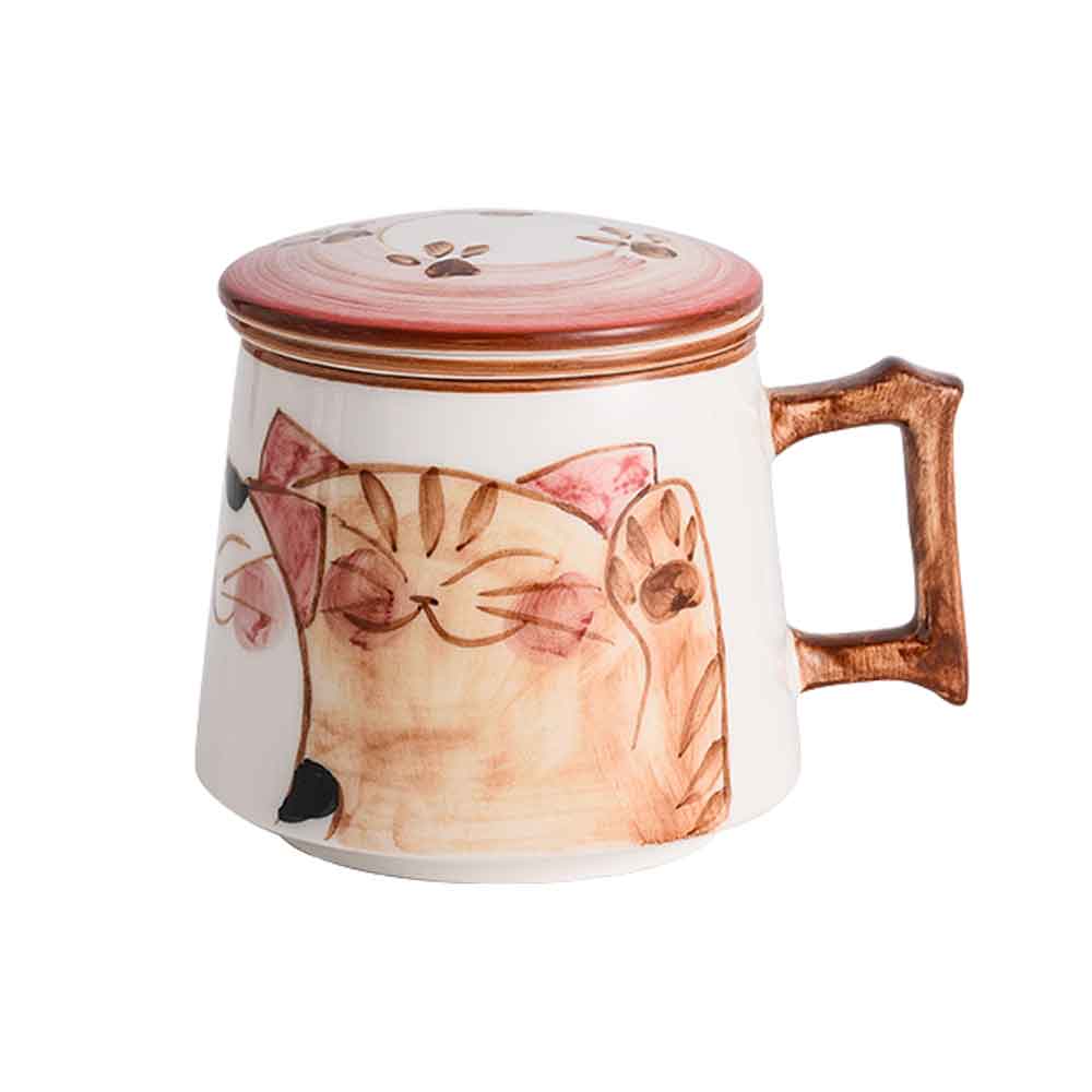 Handpainted Lucky Cat Ceramic Tea Cup Mug with Tea Strainer-1