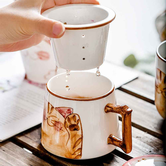 Handpainted Lucky Cat Ceramic Tea Cup Mug with Tea Strainer-2