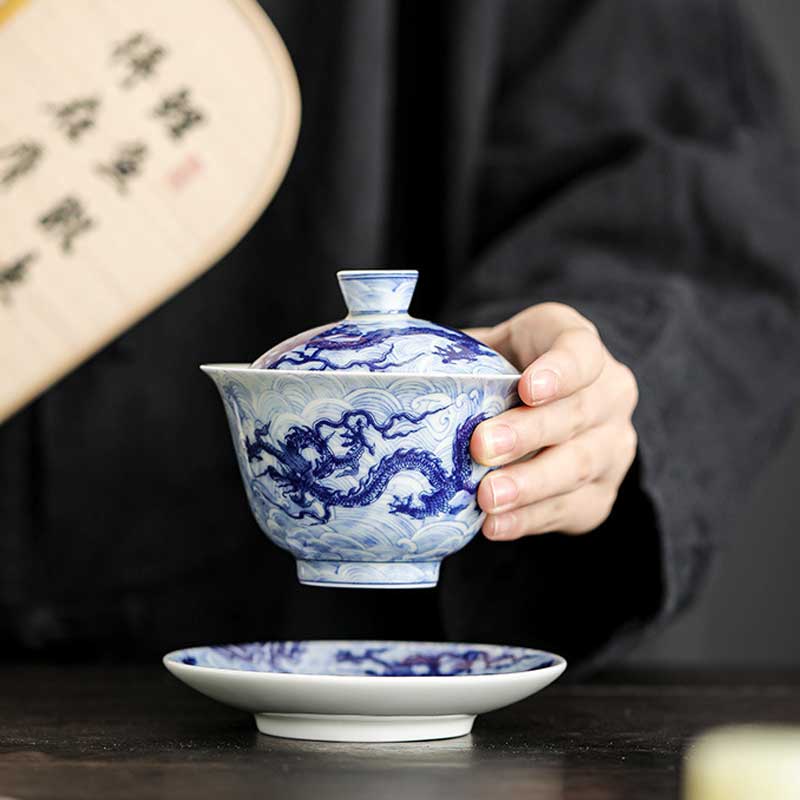 Jingdezhen Blue and White Dragon Ceramic Gaiwan-3