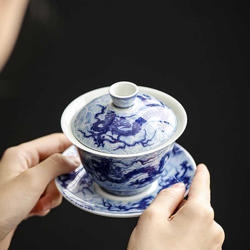 Jingdezhen Blue and White Dragon Ceramic Gaiwan-5