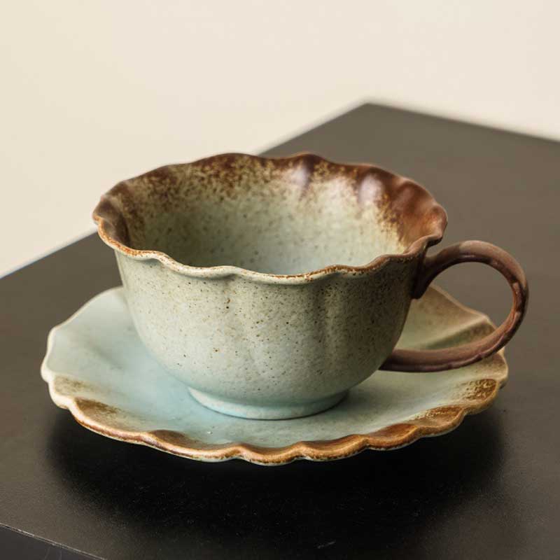 Kiln Altered Glaze Retro Ceramic Coffee Cup and Saucer Set-2