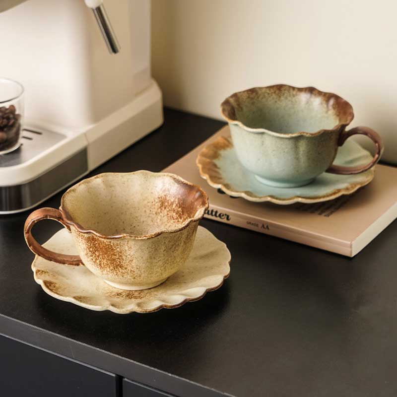 Kiln Altered Glaze Retro Ceramic Coffee Cup and Saucer Set-3
