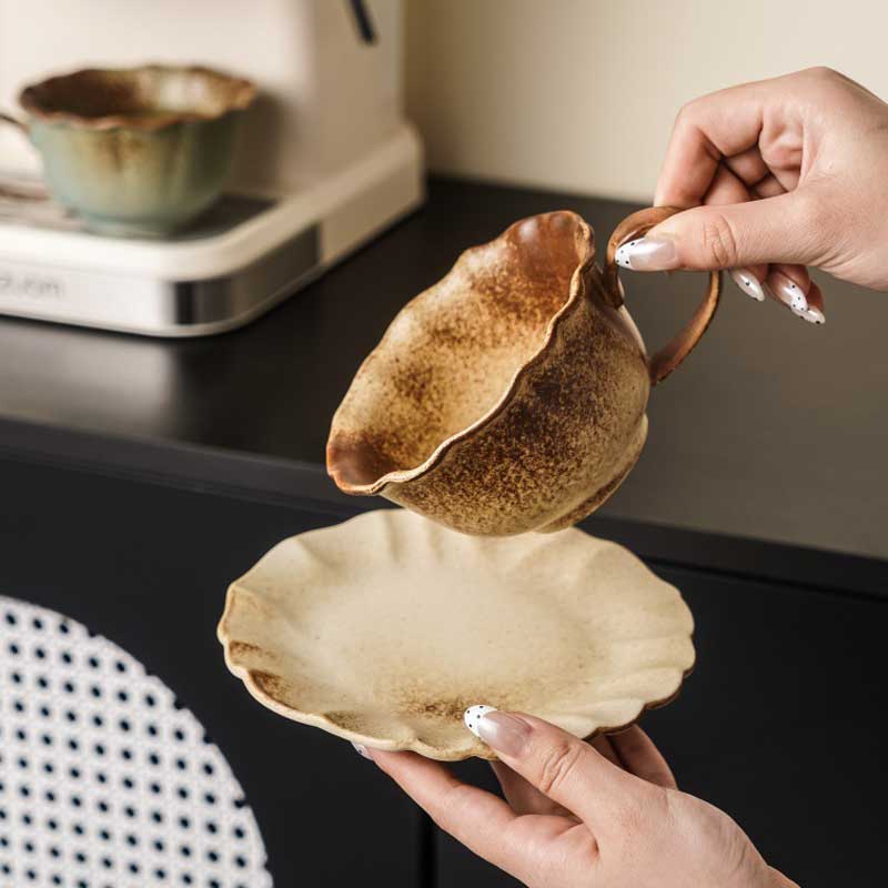 Kiln Altered Glaze Retro Ceramic Coffee Cup and Saucer Set-4