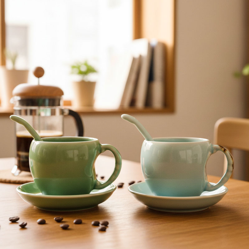Longquan Celadon Ceramic Coffee Cup, Saucer, and Spoon Set 150ml