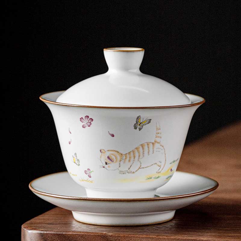 Ru Kiln Cute Cat Ceramic Gaiwan-7