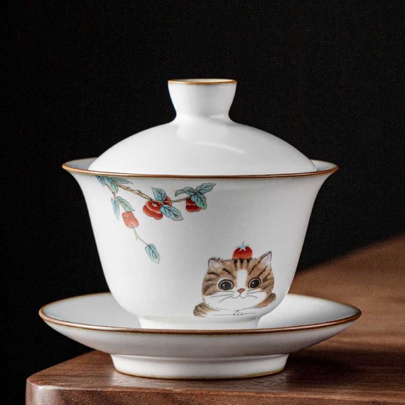 Ru Kiln Cute Cat Ceramic Gaiwan-1
