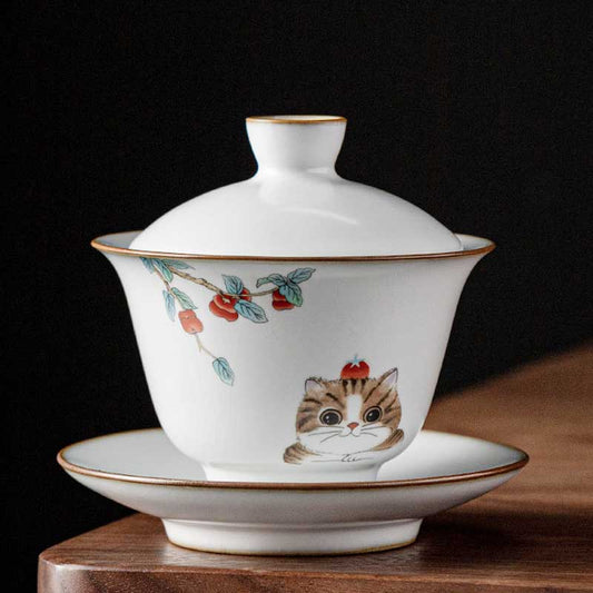 Ru Kiln Cute Cat Ceramic Gaiwan-1