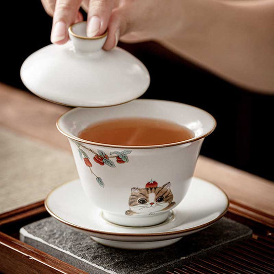 Ru Kiln Cute Cat Ceramic Gaiwan-2