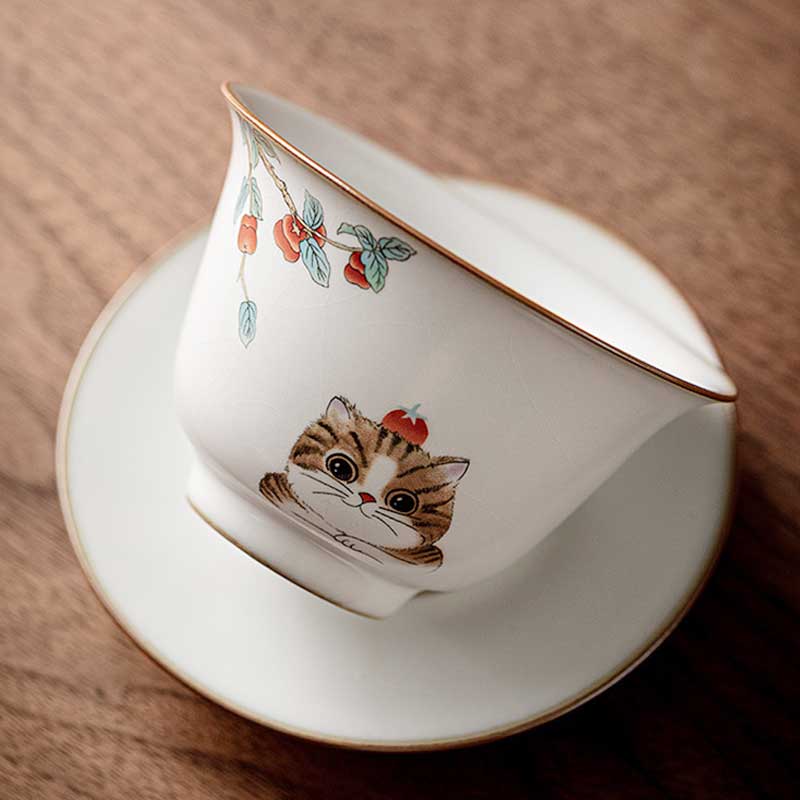 Ru Kiln Cute Cat Ceramic Gaiwan-5