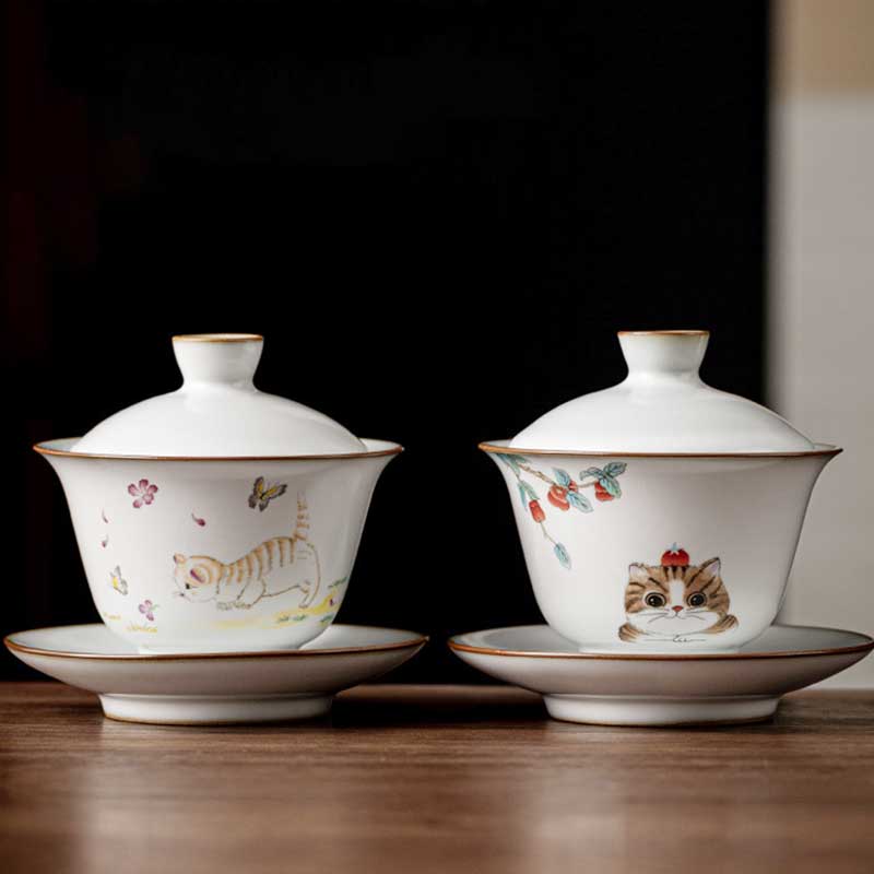 Ru Kiln Cute Cat Ceramic Gaiwan-4