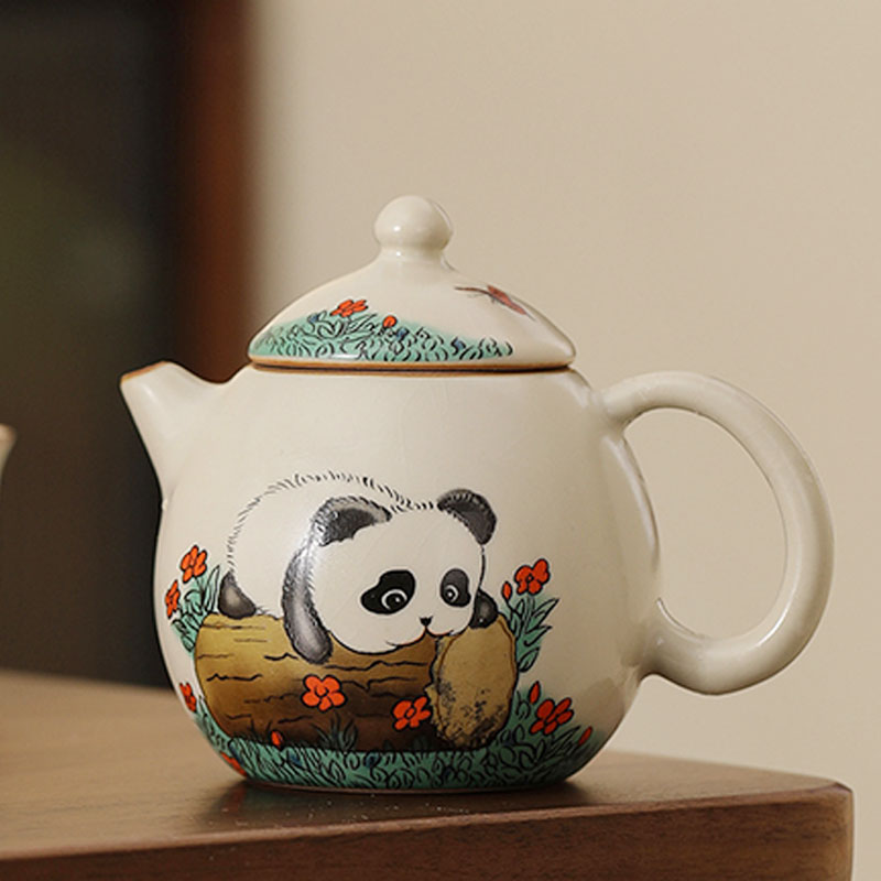 Ru Ware Beige Panda Ceramic Teapot with Crackle Glaze 180ml
