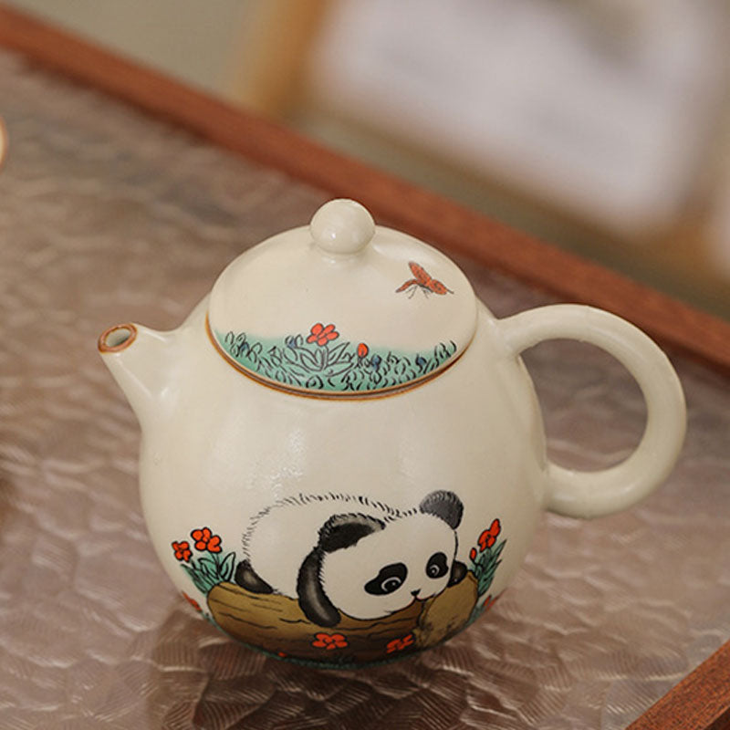 Ru Ware Beige Panda Ceramic Teapot with Crackle Glaze 180ml