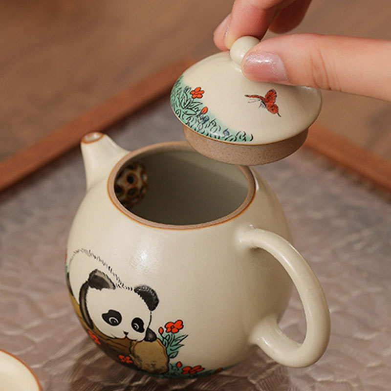 Ru Ware Beige Panda Ceramic Teapot with Crackle Glaze 180ml